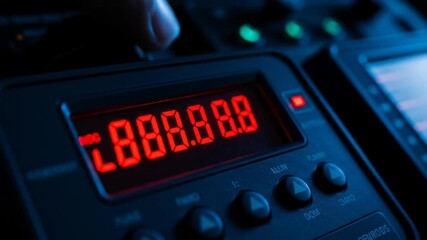 Close-up view of a dark blue control panel with a red LED display showing a number, buttons and indicators. A cool, high-tech feel