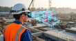 © Zaldy - Construction worker using virtual reality headset to review building plans on a construction site.