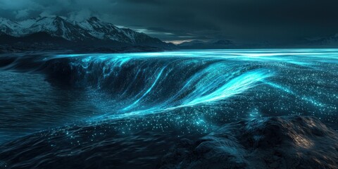 Wall Mural - A fantasy seascape where waves appear to glow with bioluminescent energy