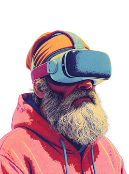 Bearded Man in Vr Headset with Pixelated Style on Transparent Background Wearing a Pink Hoodie with Orange and Cyan Details Digital Art