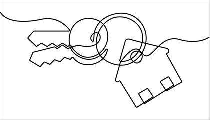 Poster - continuous line art drawing of a house with a key, Set of keys against white background, Real Estate Agent Single Line Icon, Continuous one line art drawing symbol of house keys.