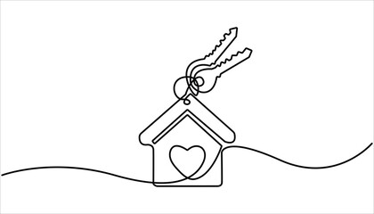 Poster - continuous line art drawing of a house with a key, Set of keys against white background, Real Estate Agent Single Line Icon, Continuous one line art drawing symbol of house keys.