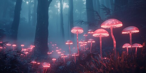 Wall Mural - A fantasy-inspired forest scene with surreal glowing mushrooms and ethereal mist