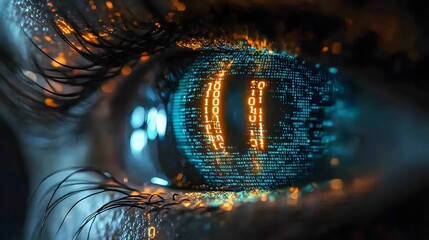 Close up of a human eye reflecting digital data and binary code