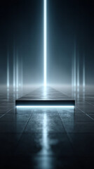 Aufkleber - Geometric Light Stage: A sleek, geometric platform bathed in cool, ethereal light, creating a minimalist and futuristic stage environment with an inviting sense of space and design.