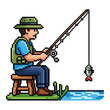 © Faqihan - Pixel art illustration of a man fishing, sitting on a stool by the water, holding a fishing rod with a fish caught on the line.