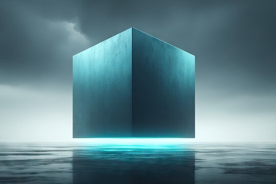 Floating teal cube on a reflective water surface under a stormy sky