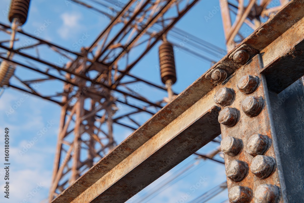 Corroded metal towers with cables built from angular sections and ...