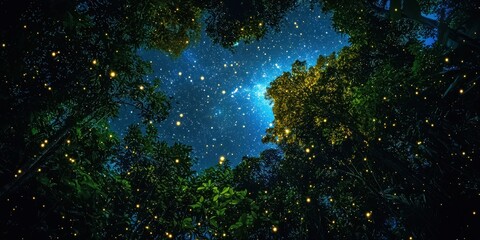 Wall Mural - a dense rainforest filled with softly glowing creatures and plants under a starry sky