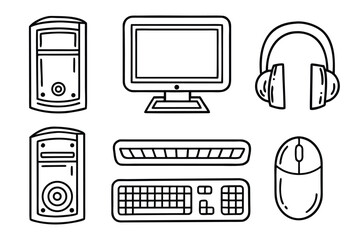 Poster - Computer peripherals and accessories drawn in a simple black outline style desktop