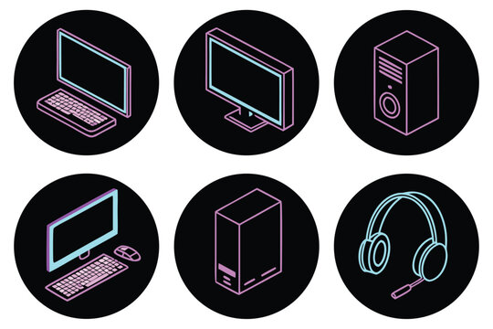 Computer equipment icons with neon outlines monitor keyboard