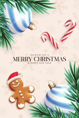 Wall Mural - Merry Christmas greeting card clipart poster design. Merry Christmas and happy new year greeting text clip art with blue xmas ball, fir leaves, candy cane and ginger bread decoration elements border 