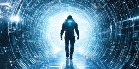 Wall Mural - a futuristic figure wearing a sleek spacesuit, walking through a glowing time portal