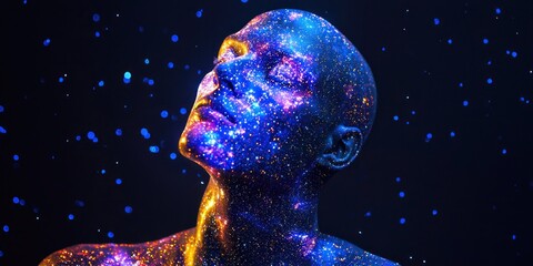 Wall Mural - 3d, skeleton, muscular, health, futuristic figure with galaxy-textured skin, glowing with vibrant st