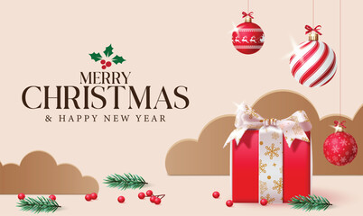 Wall Mural - Merry Christmas greeting clipart banner. Merry Christmas and happy new year card template simple background design clip art with paper cut, red hanging xmas ball, gift box, holly berries and fir leave