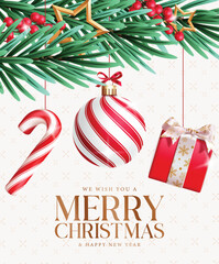 Wall Mural - Merry Christmas greeting card clipart poster design. Wishing merry Christmas and happy new year text clip art with decoration elements like garland, hanging candy cane, xmas ball and gift box December