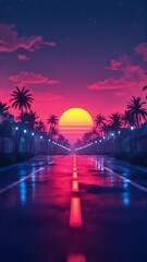 Poster - Retro futuristic street with palm trees and sunset for a Miami vibe scene