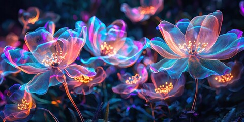 Wall Mural - art, fantasy, wallpaper, star, bright, sea futuristic garden where neon flowers open and close in rh