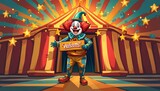 A cheerful clown in a colorful costume stands before a vibrant circus tent, holding a welcome sign amidst a backdrop of radiating lights and stars.