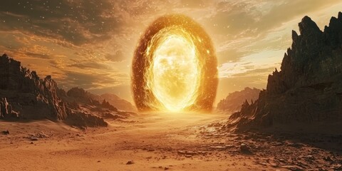 Wall Mural - a giant glowing space portal in the middle of a desert, revealing an alien galaxy beyond
