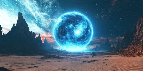 Wall Mural - a giant glowing space portal in the middle of a desert, revealing an alien galaxy beyond