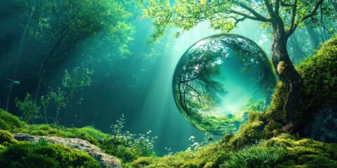 Wall Mural - a glowing fantasy world where all natural elements have a glass-like appearance