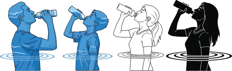 Poster - Stay hydrated illustration: people drinking water from bottle for health and wellness concept design art graphic