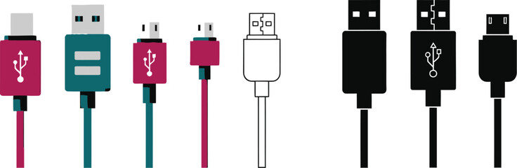 Poster - Usb cable types vector illustration set, usb a, usb b, usb c, micro usb, mini usb, cable connector types