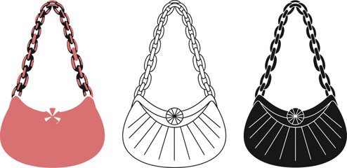 Poster - Vector illustration of a woman's handbag purse with chain strap in color outline and silhouette