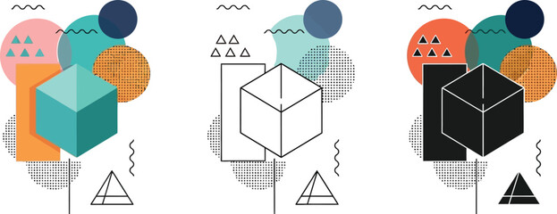 Poster - Abstract geometric design with cube shapes and colorful circles modern art background vector illustration