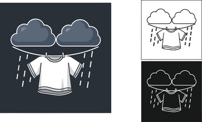 Poster - Laundry day blues: vector illustration of wet clothes hanging in the rain under stormy clouds art