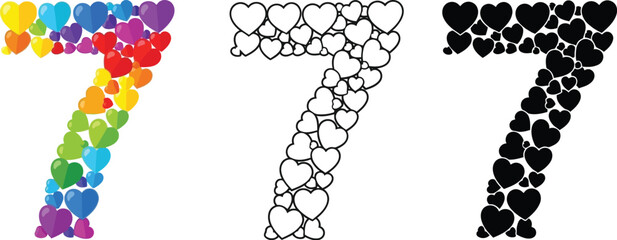 Poster - Number seven heart shape vector illustration colorful outline black and white design for birthday anniversary
