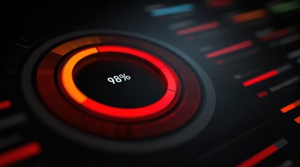 Poster - A high-tech digital progress ring displays 98%, surrounded by red and orange futuristic interface elements on a dark background.