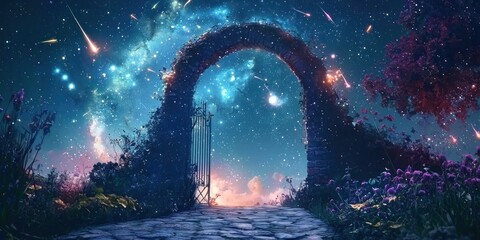 Wall Mural - a magical gateway in deep space, with swirling celestial colors and shooting stars