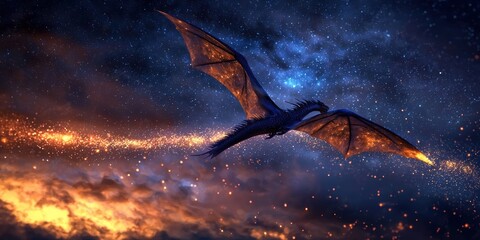 Wall Mural - a majestic bioluminescent dragon flying through a twilight sky, leaving a trail of stardust