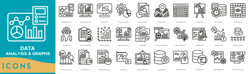 Fototapete - Data Analysis and Graphs icon set. Data Dashboard Panel, Bar Chart Visualization, Line Graph Display, Pie Chart Breakdown, Trend Analysis Report and Scatter Plot Map