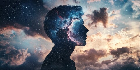 Wall Mural - a mesmerizing double-exposure portrait of a person blending with a galaxy-filled sky