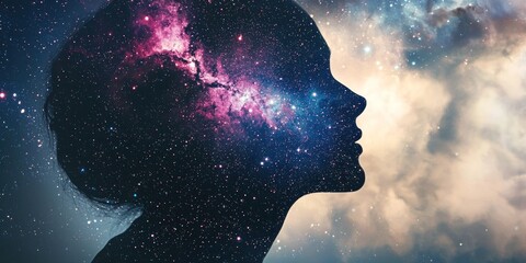 Wall Mural - a mesmerizing double-exposure portrait of a person blending with a galaxy-filled sky
