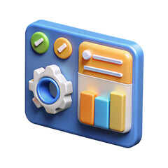 Leinwandbilder - Blue Dashboard with Gear and Bar Chart 3D Icon for Data Analysis and Settings Management on Transparent Background