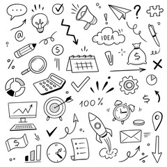 Business money sketch idea icon set. Hand drawn sketch elements for startup, project, goal and teamwork. Business graphic chart, rocket, growth marketing concept in chalkboard. Vector illustration