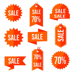 Poster - Collection of orange sale tags and starbursts with 70 percent discount isolated on a transparent background