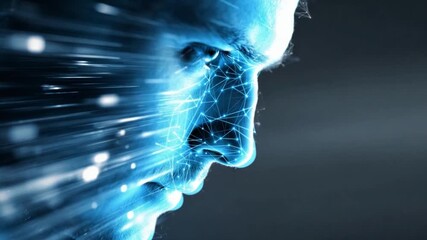 Poster - Digital Human: A futuristic digital rendering of a human face, intertwined with a network of glowing blue data, capturing the essence of advanced technology.