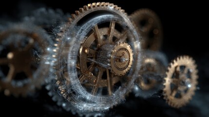 Poster - Futuristic mechanical clockwork gears double exposure with abstract light effects