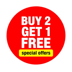 Poster - Red circle with white text buy two get one free special offers isolated on a transparent background image