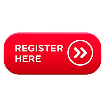 Red button with white text register here and double arrow icon isolated on a transparent background image