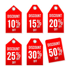 Poster - Red discount tags with percentages 10 15 20 25 30 50 percent off isolated on a transparent background