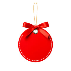 Poster - Red round gift tag with satin ribbon bow and string isolated on a transparent background image