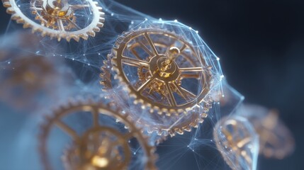 Poster - Double exposure of mechanical clockwork gears with blue light effect for futuristic design