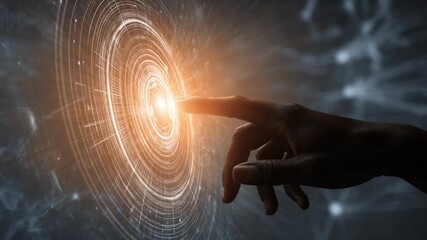 Poster - Digital Innovation: A hand gracefully interacts with a dynamic, futuristic interface, symbolizing technological advancements and the digital age, conveying innovation and progress.