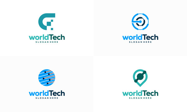 Set of Modern World Tech logo designs concept vector illustration, Abstract Circle Technology logo template, Wire Tech logo designs vector